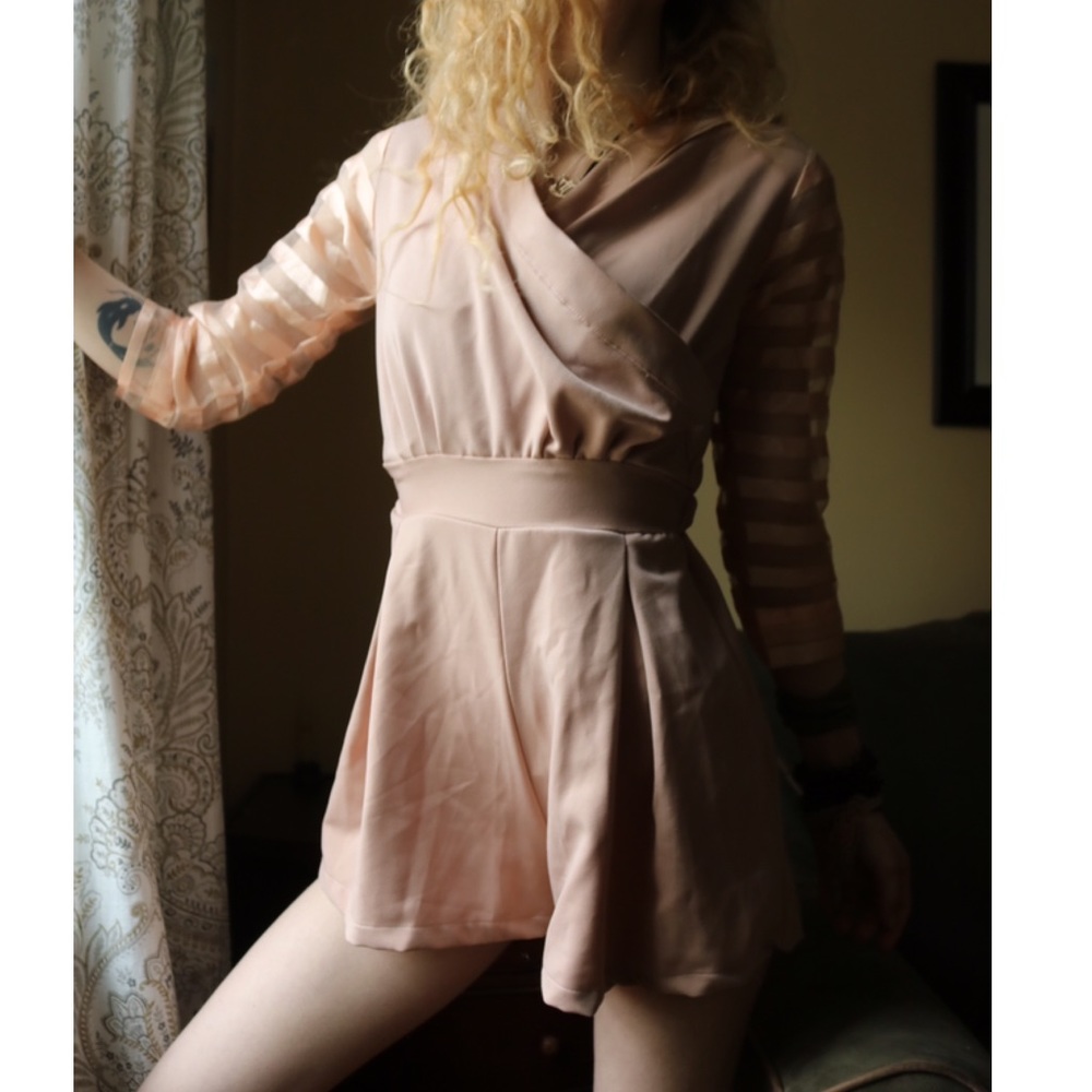 NWT Handmade Pink Sheer Stripe 3/4 Sleeve Romper !